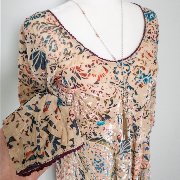 Beige and Multi-Color Mini Dress with Velvet Design - Picture 6 of 7